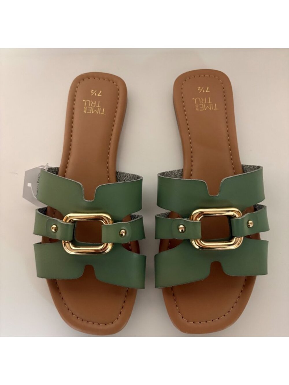 Time And Tru Sage Green Slide Sandals Womens Size 7.5 Gold Buckle Memory Foam